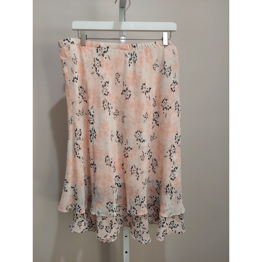 Kim Rogers Peach Floral Tiered Ruffle Midi Skirt XL Elastic Waist Flowy